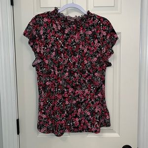 Adrienne Vittadini Women’s Black Red Pink Floral Blouse Sz Large Flutter Sleeves